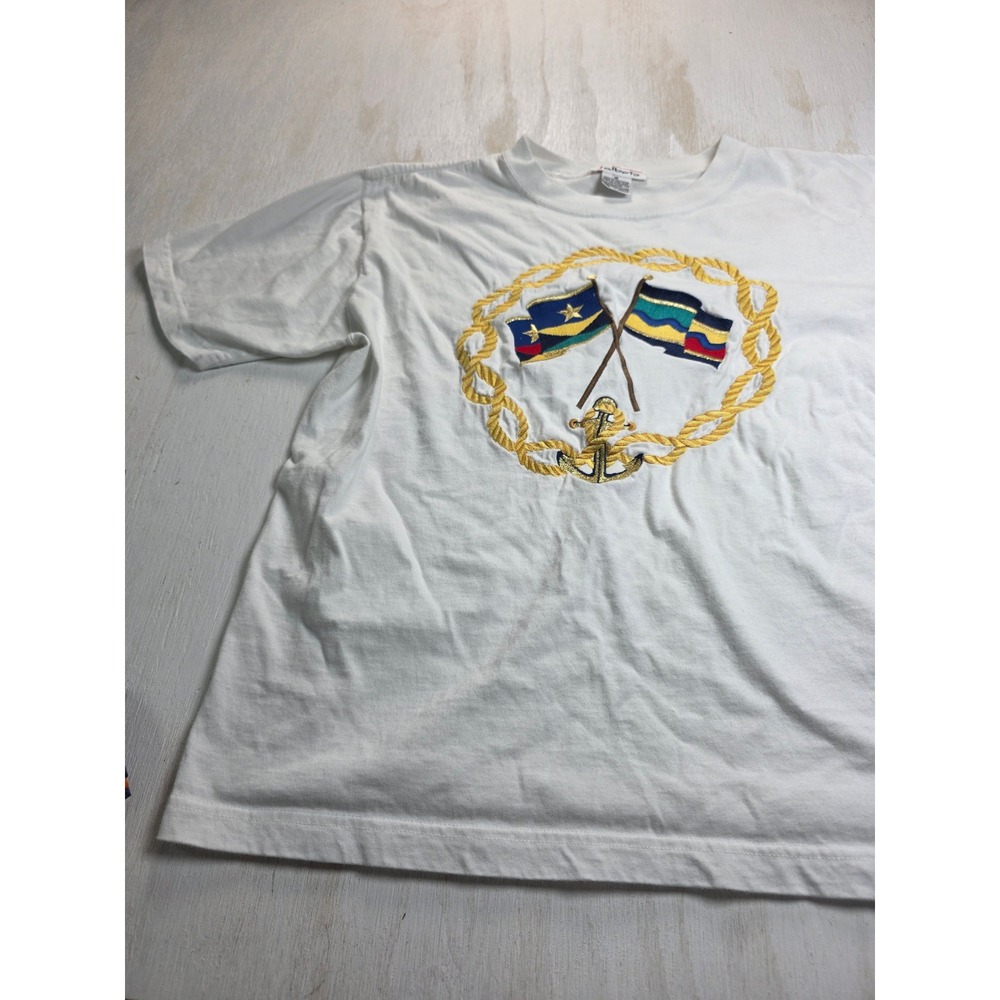 Vintage Talbots White Nautical Embroidered T-Shirt Cotton Coastal Boho Medium